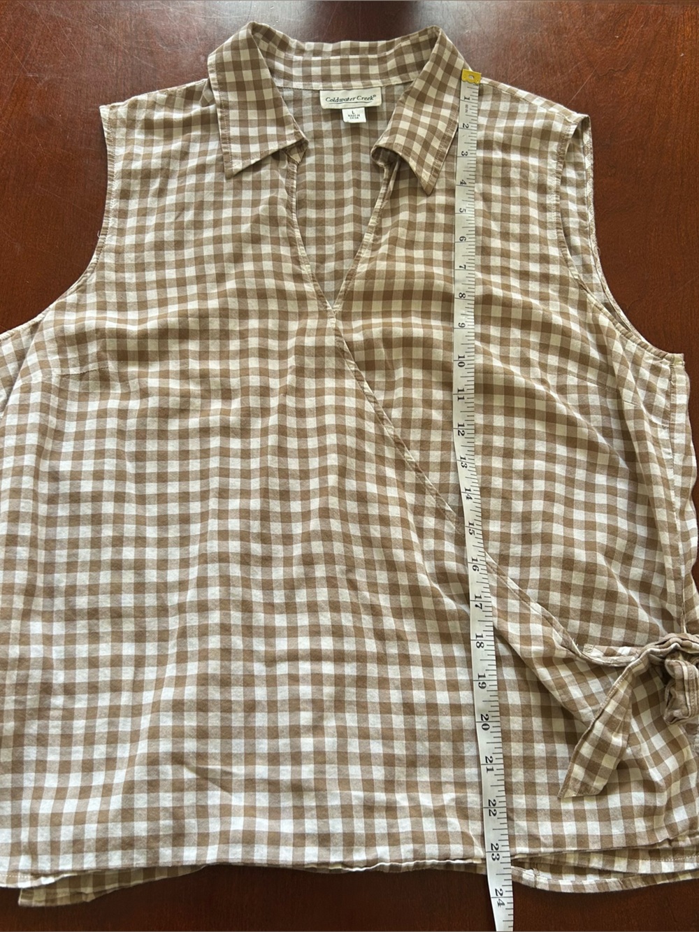Coldwater Creek Brown and White Gingham Tie-Side Sleeveless Wrap Top Size L - Picture 7 of 7